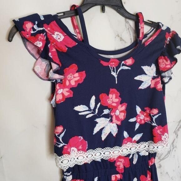 One Step Up NWT girls Navy Floral Ruffle Jumpsuit M 10/12 summer vacation casual - Picture 3 of 5